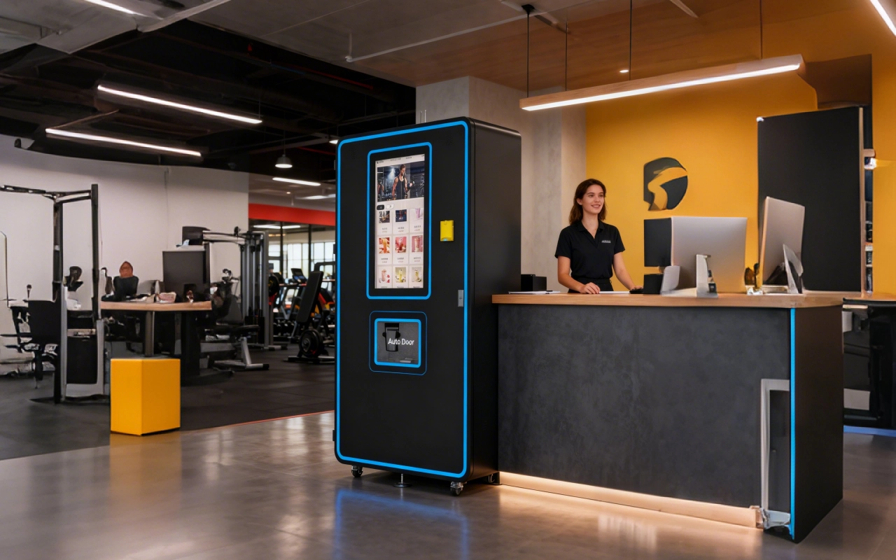 Perched Supply protein shake machine beside a gym front desk