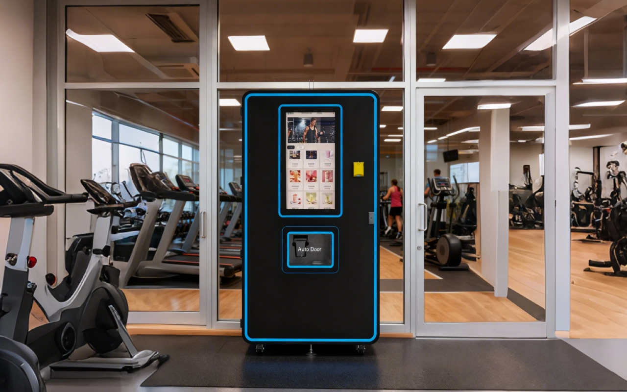 Perched Supply protein shake machine in a gym next to treadmills