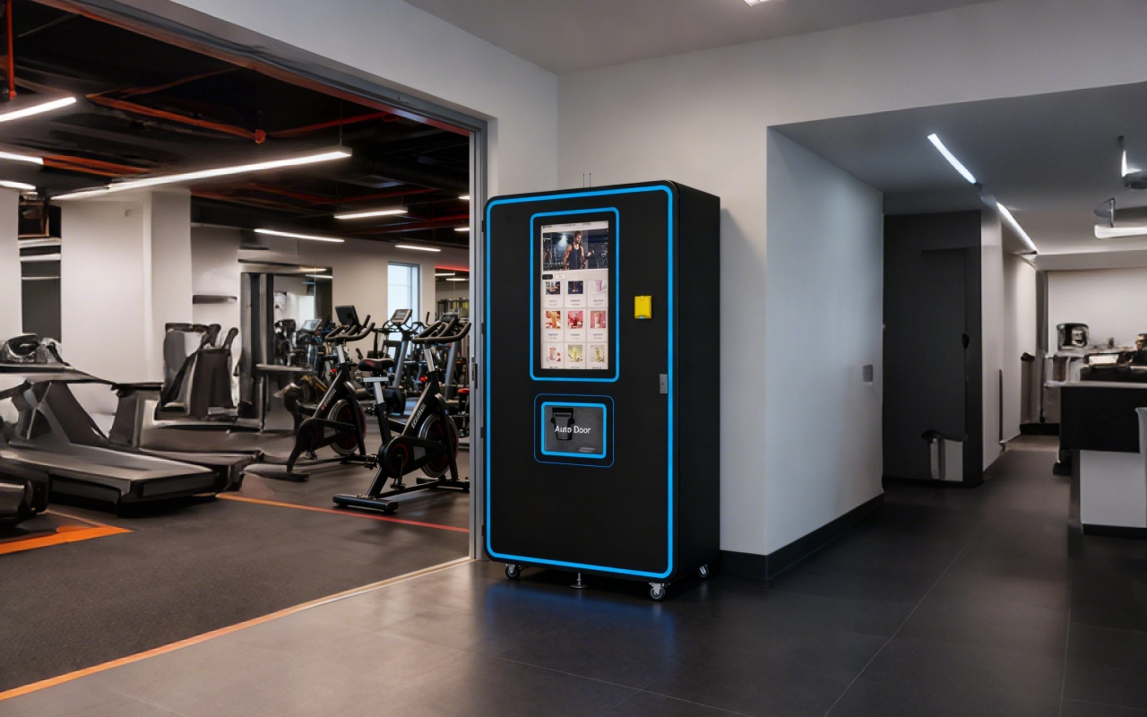 Perched Supply protein shake machine in a gym hallway entry
